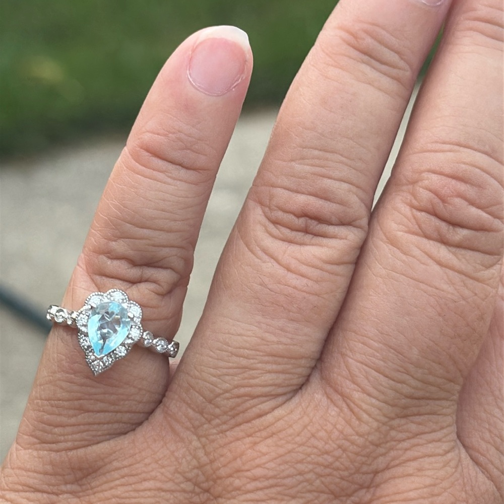 Pear Cut 1.25 tcw Genuine Aquamarine & Diamond Ring Sterling Silver Size 7 - Picture 6 of 13